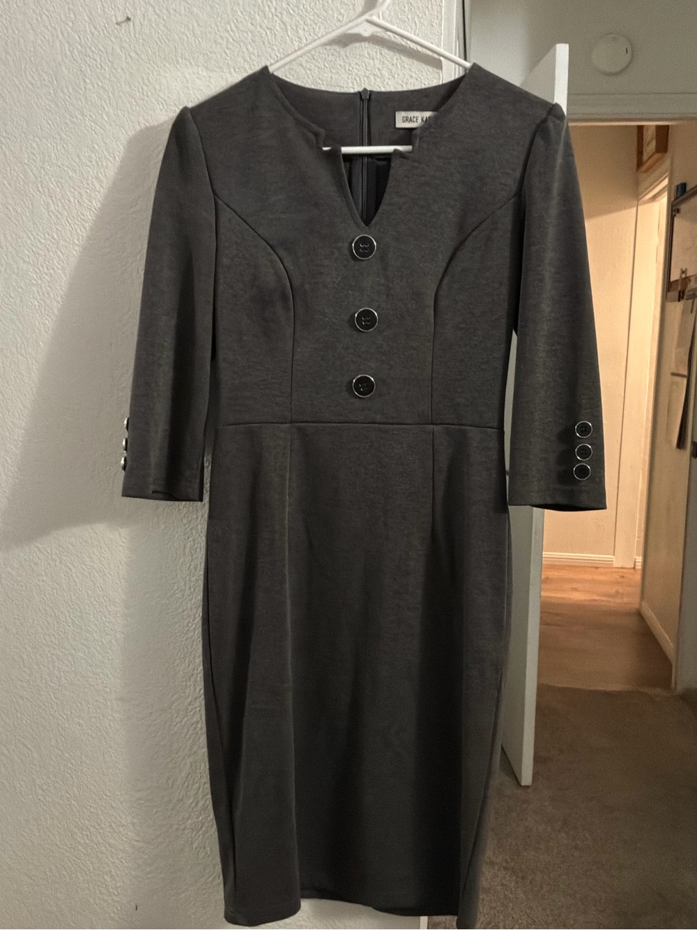 GRACE KARIN Charcoal Grey 3/4 Sleeve Notch Neck Sheath Dress | Size Small
